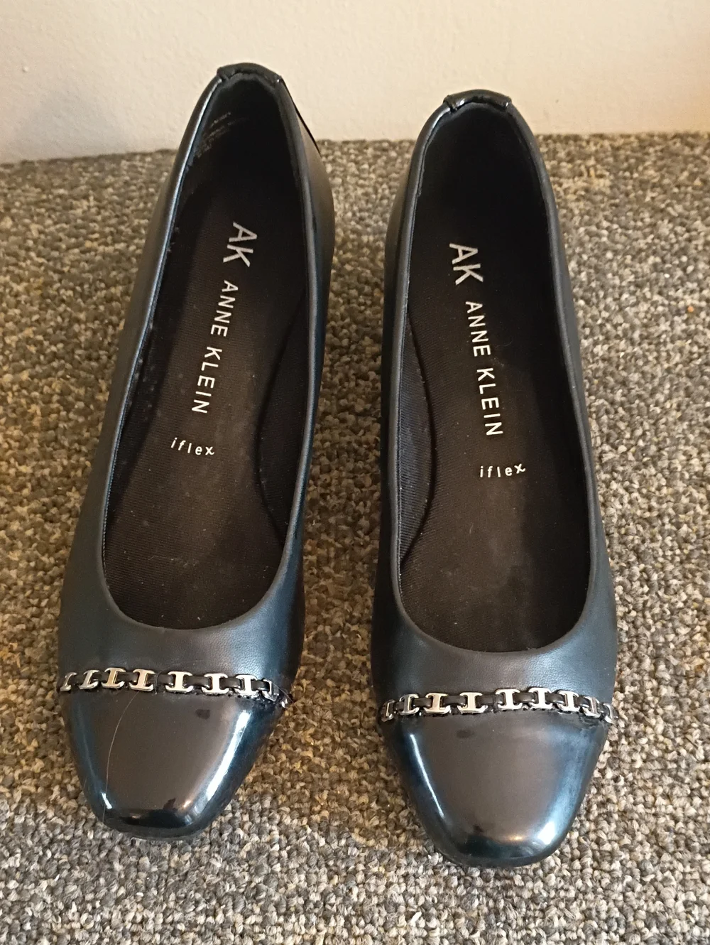 Anne Klein Black Chain-Trim Square-Toe Wedges Size 7.5